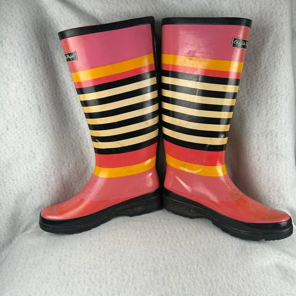 Charlie Paige Rain Boots Womens 7 Pink Orange Striped Tall Rubber Waterproof